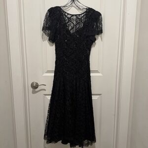 Vtg HW Collections Lace Dress Black Open Back Fit-Flared Size S/M